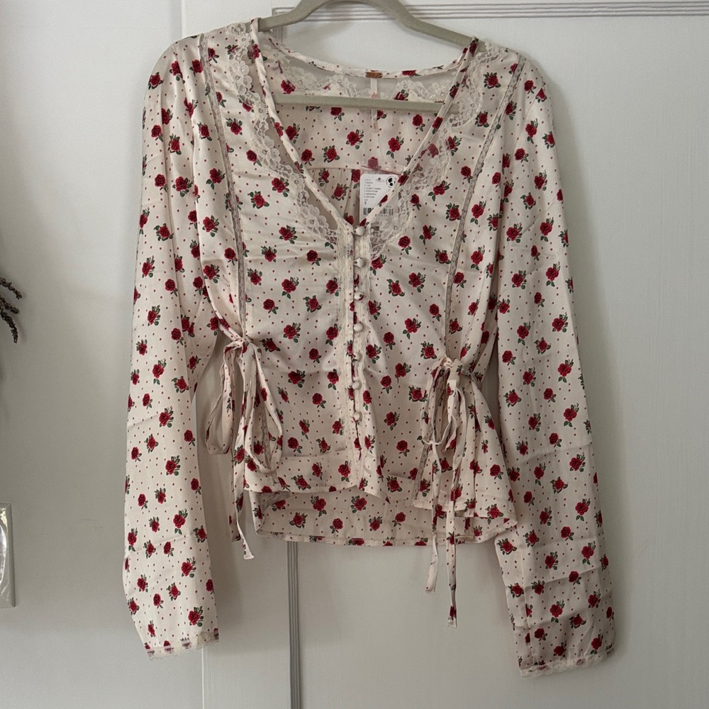 Free People Cream and Red Floral Blouse